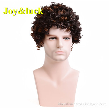 Wholesale Wigs for Men Brown Ombre Gold Color Male Daily or Party Hairstyle Short Natural Curly Men Wigs Synthetic Hair Wigs